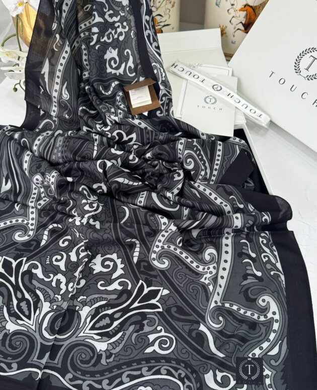 Touch İthal Etnik Desen Pamuk İpek Şal 63458 - Siyah-Gri