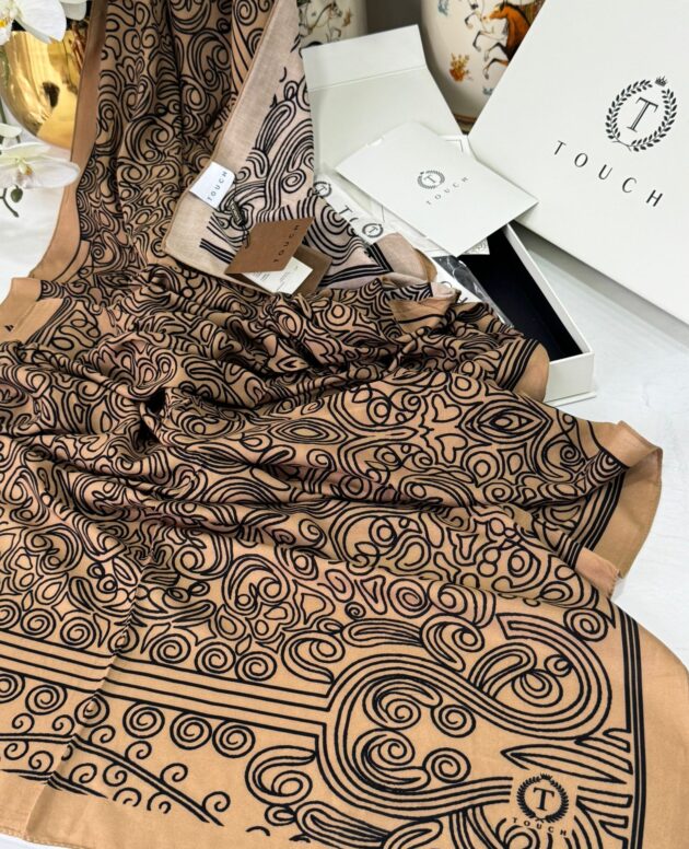 Touch İthal Etnik Desen Pamuk İpek Şal 63459- Vizon