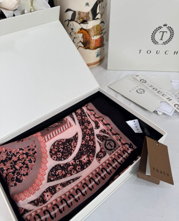 Touch İthal Etnik Desen Yün İpek Şal- 34660 - Siyah Pudra