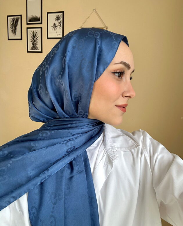 G Desen Pamuk İpeksi Jakar Şal 908204 - İndigo