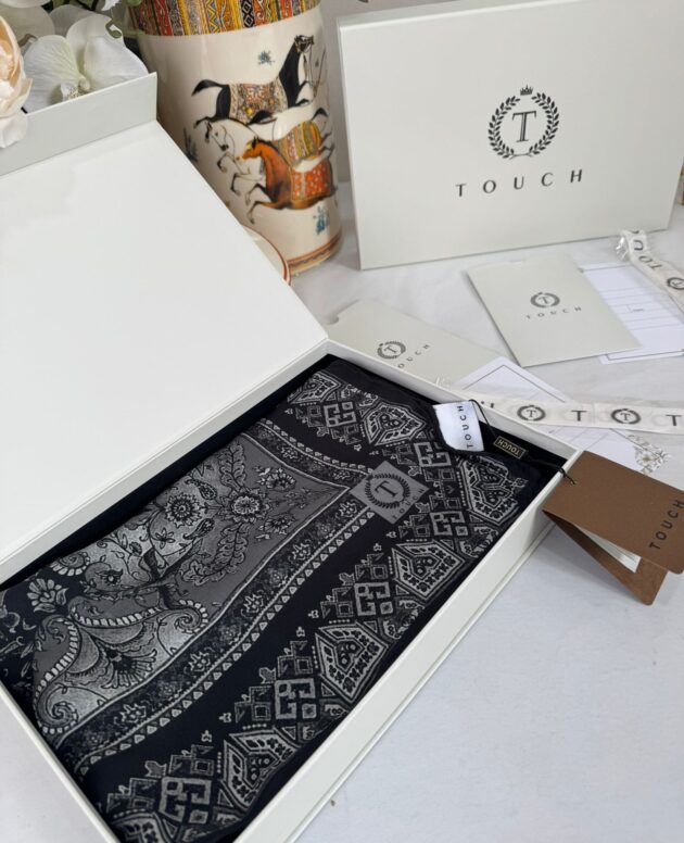 Touch İthal Etnik Desen Yün İpek Şal-34770 -Siyah-Gri