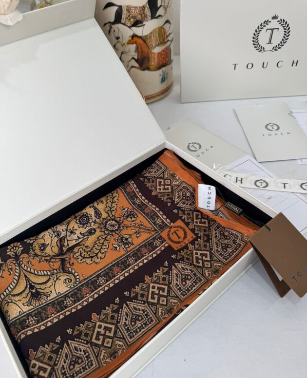 Touch İthal Etnik Desen Yün İpek Şal-34770 -Turuncu kahve