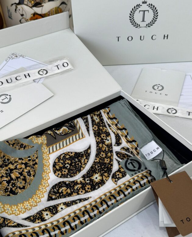 Touch İthal Etnik Desen Yün İpek Şal- 34660 - Su Yeşili Ekru