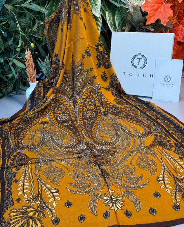 Touch İthal Etnik Desen Yün İpek Şal- Hardal