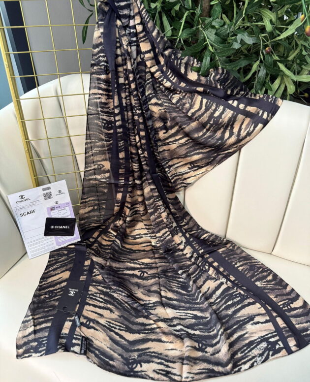 Channel Çizgili leopar çifttaraflı vual ipek şal-43080 Siyah