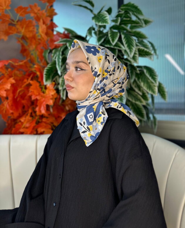 Bahar Desen Pamuk İpek Eşarp-13001-Petrol