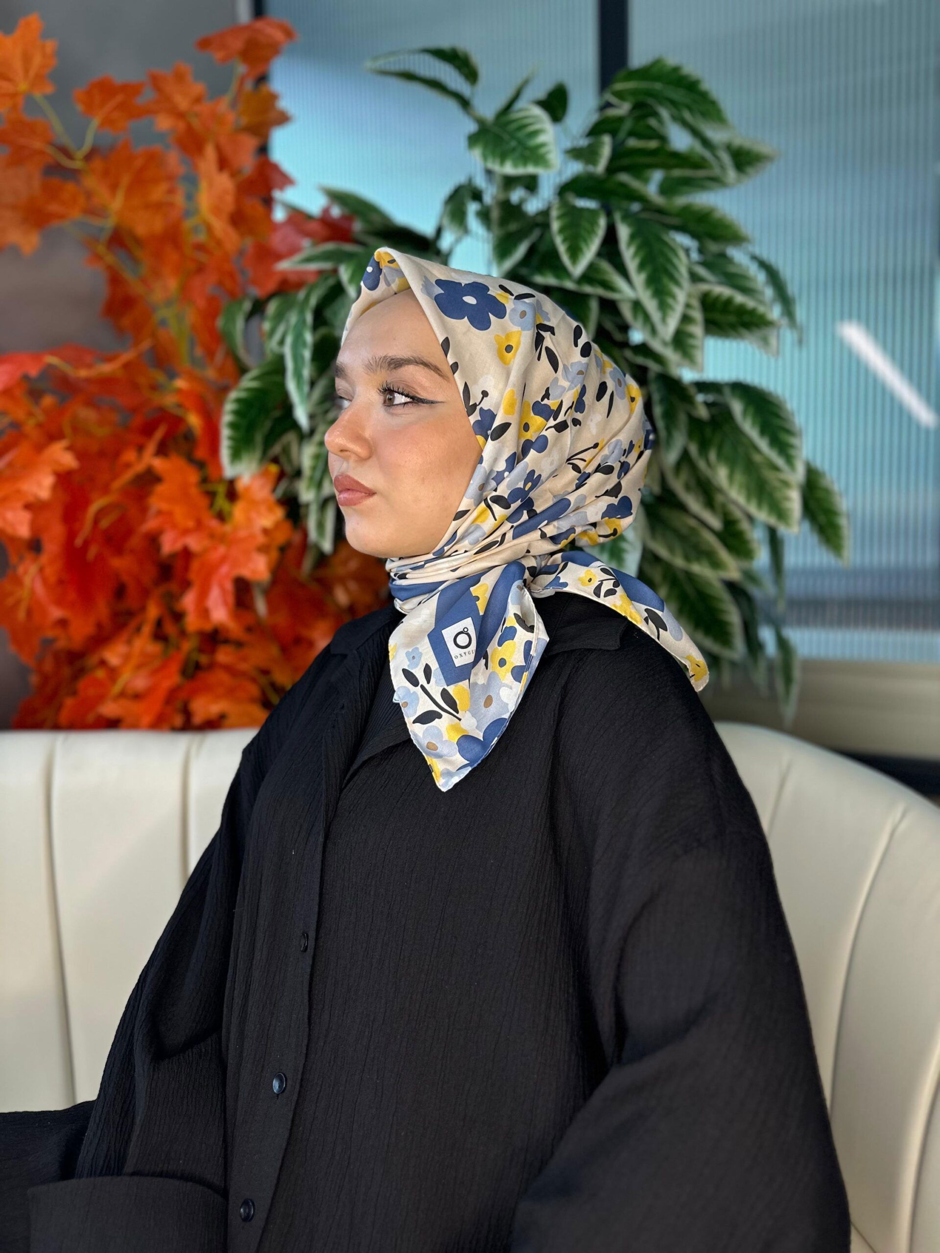 Bahar Desen Pamuk İpek Eşarp-13001-Petrol