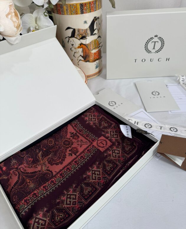 Touch İthal Etnik Desen Yün İpek Şal-34770 -Bordo