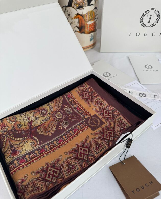 Touch İthal Etnik Desen Yün İpek Şal-34770 -Kahve Turuncu