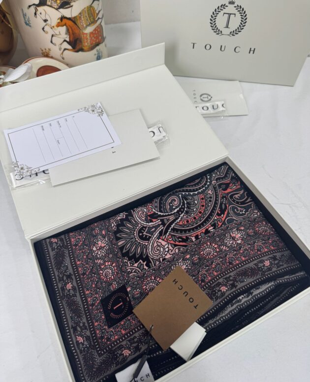 Touch İthal Etnik Desen Yün İpek Şal- 35110 - Siyah Pudra