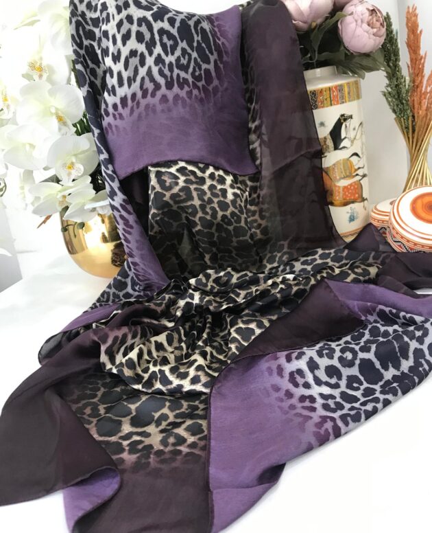 İthal Jaguar Desenli Çifttaraflı Vual İpek Şal-34014 Mor