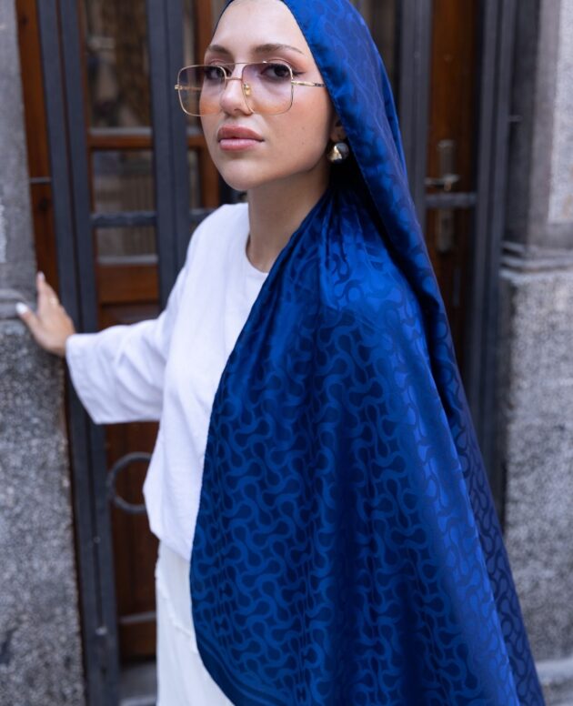 Bloom Desen Pamuk İpeksi Jakar Şal - İndigo