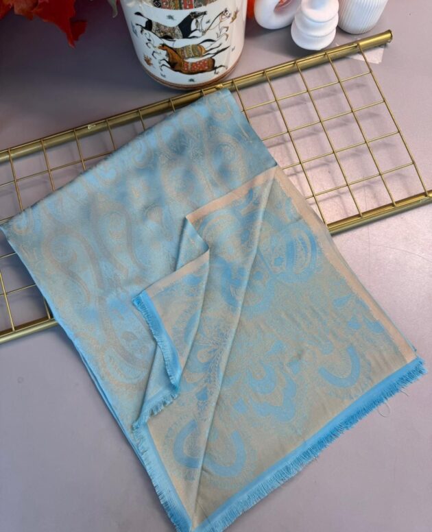 Dubai Kendinden Dokulu Çift Taraflı İpek Şal - 5252- Mavi