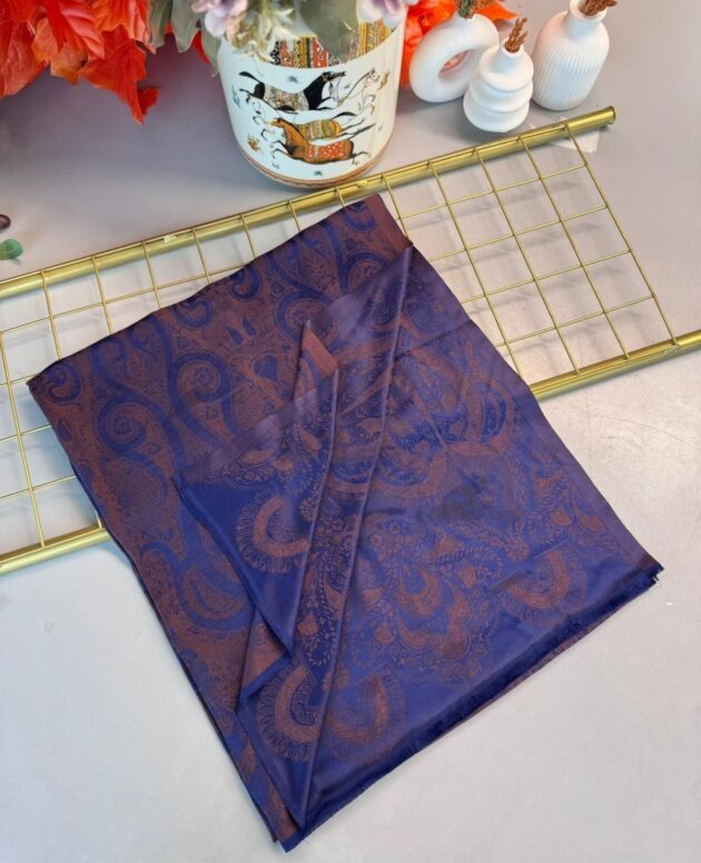 Dubai Kendinden Dokulu Çift Taraflı İpek Şal - 5252 - Lacivert