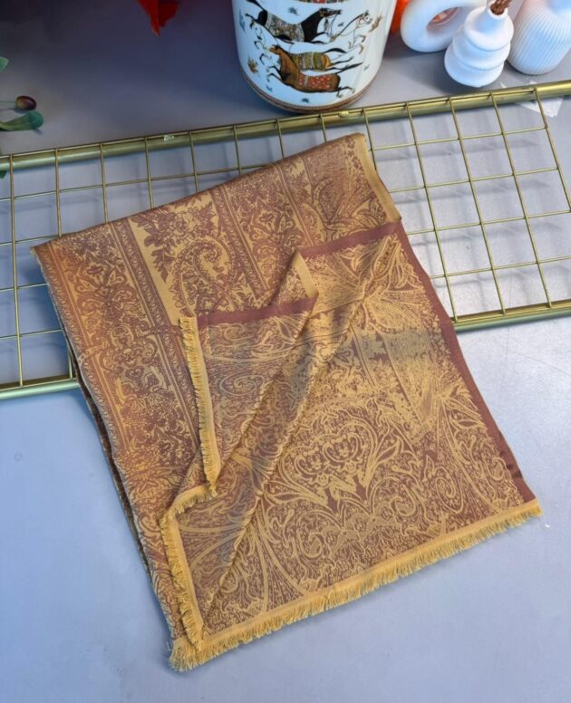 Liva Kendinden Dokulu Çift Taraflı İpek Şal - 9897 - Kahve