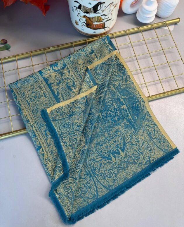 Liva Kendinden Dokulu Çift Taraflı İpek Şal - 9897 - Petrol