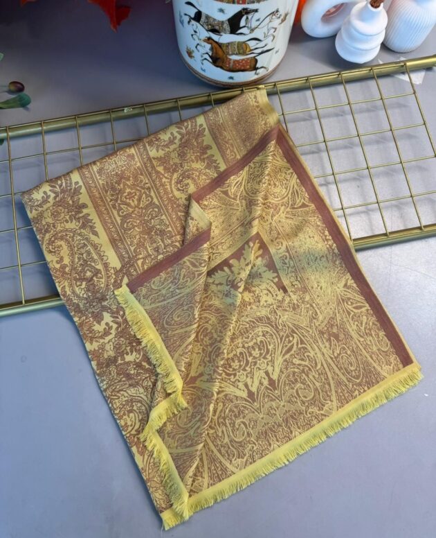 Liva Kendinden Dokulu Çift Taraflı İpek Şal - 9897 - Limon