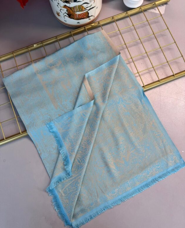 Liva Kendinden Dokulu Çift Taraflı İpek Şal - 9897 -Okyanus