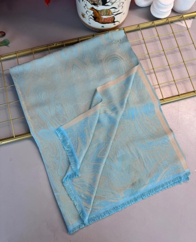 Milano Kendinden Dokulu Çift Taraflı İpek Şal - 8963 - Mavi