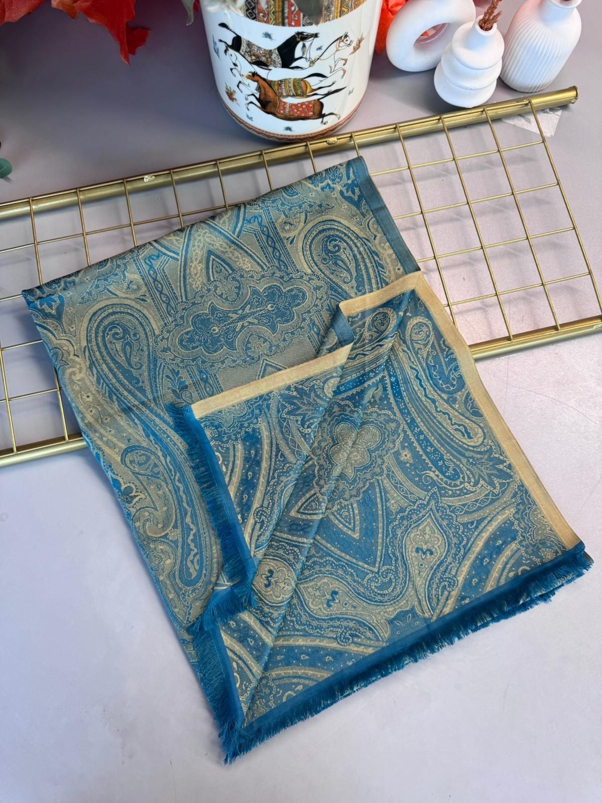 Milano Kendinden Dokulu Çift Taraflı İpek Şal - 8963 - Petrol