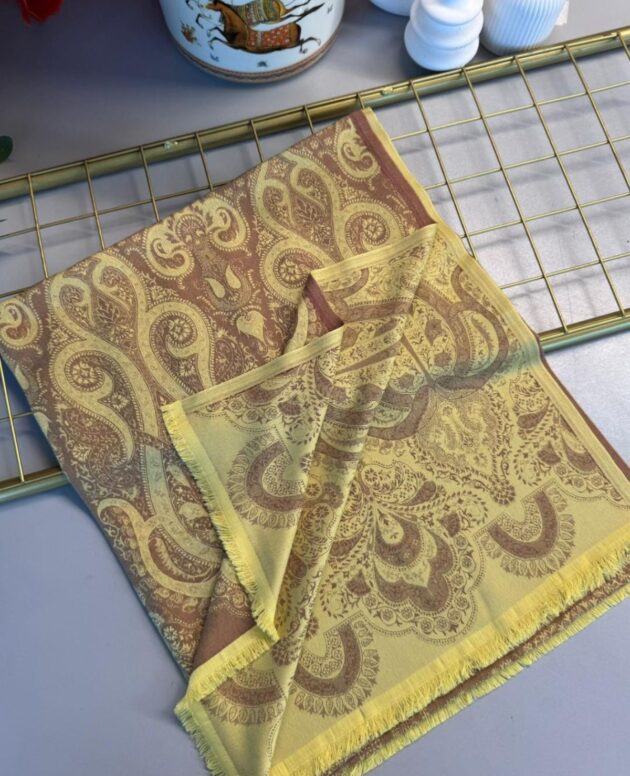 Dubai Kendinden Dokulu Çift Taraflı İpek Şal - 5252- Limon