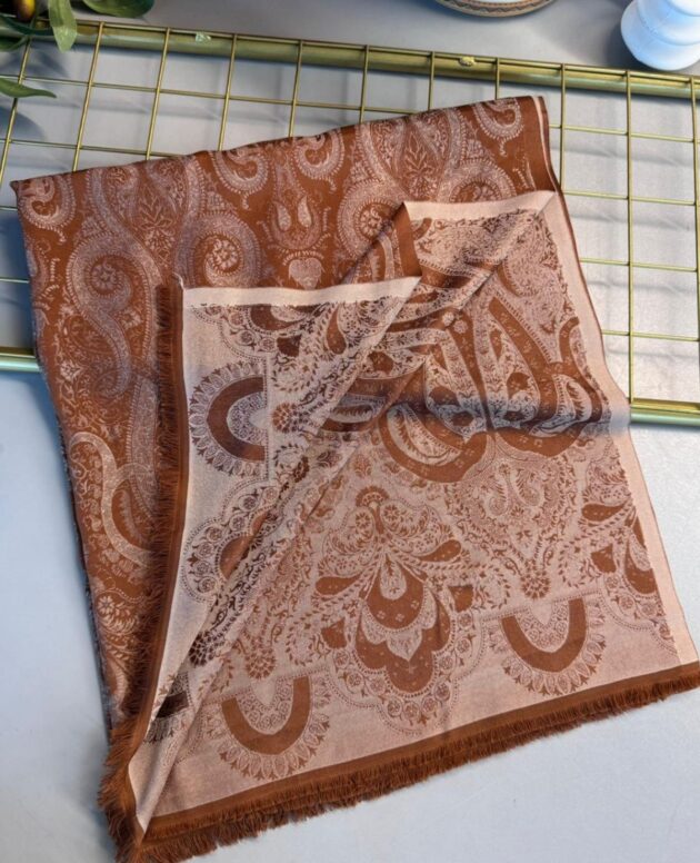 Dubai Kendinden Dokulu Çift Taraflı İpek Şal - 5252- Çikolata