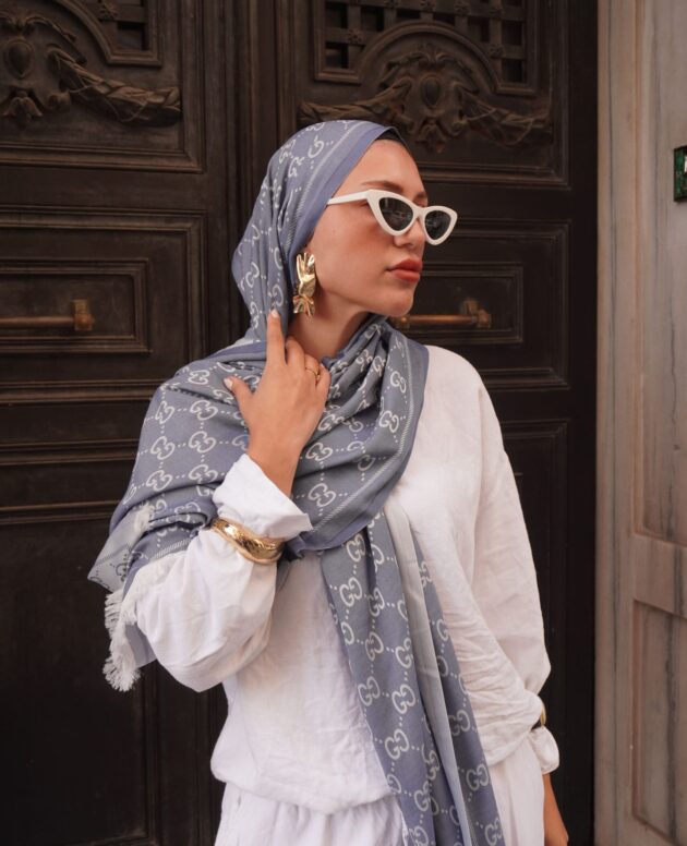 G Desenli İpek Kaşmir Çift Taraflı Şal 440344 - buz mavisi