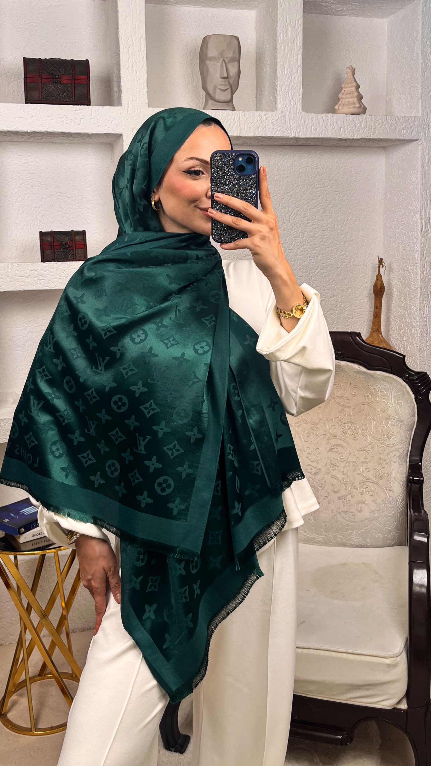 İthal Lv Pamuk Yün İpek Şal 49104 - Zümrüt