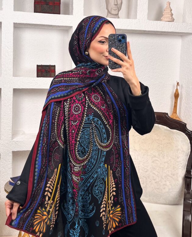 Touch İthal Etnik Desen Yün İpek Şal- Mürdüm-Siyah