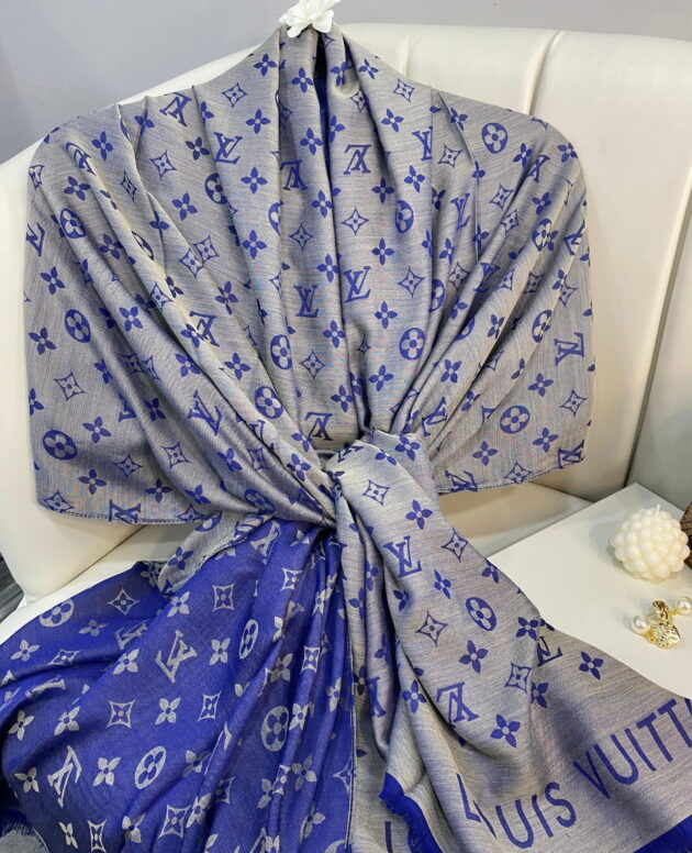 Lv Desenli İpek Kaşmir Çift Taraflı Şal - Vizon