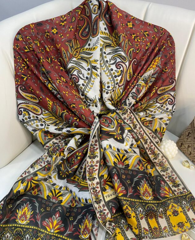 etnik hint deseni pamuk ipek şal -313131 sarı/beyaz