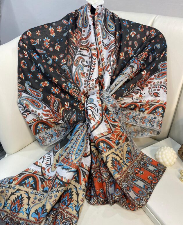 etnik hint deseni pamuk ipek şal -313131 turuncu/beyaz