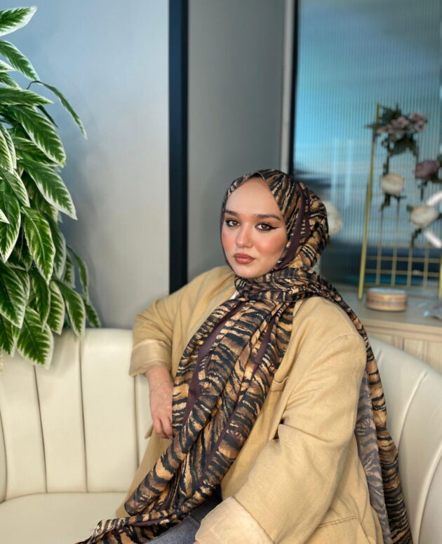 Channel Çizgili leopar çifttaraflı vual ipek şal-43080 Koyu kahve