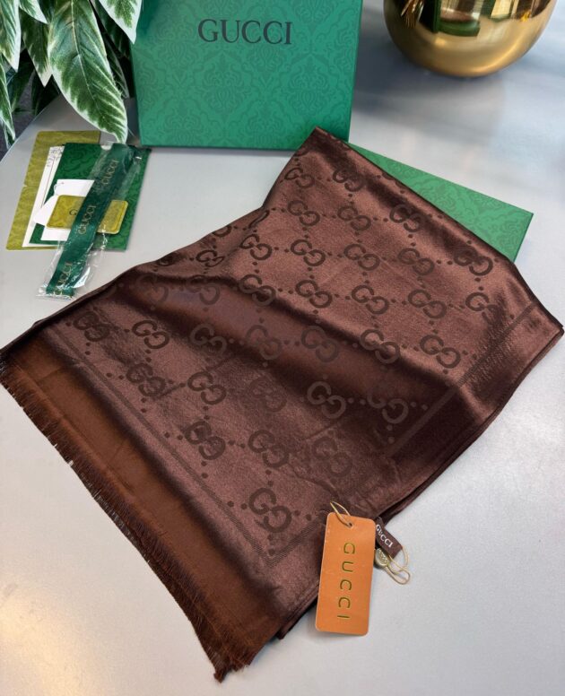 Gucci İthal Yün İpek Şal Tam Set Kutulu Sertifikalı-Acıkahve