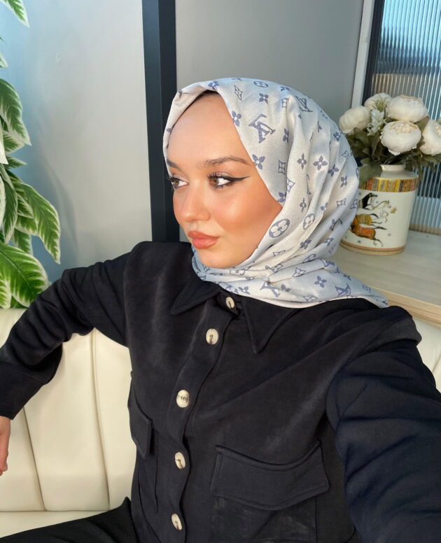 Lv Desenli İpek Kaşmir Çift Taraflı Şal - Kot Mavisi