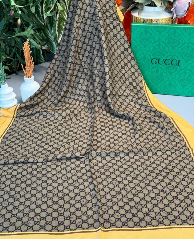 Gucci A Kalite İthal Yün İpek Şal - Hardal-Kahve