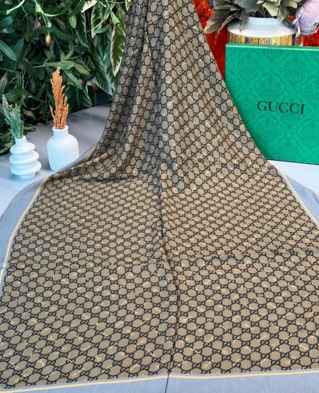 Gucci A Kalite İthal Yün İpek Şal - Gri-Hardal