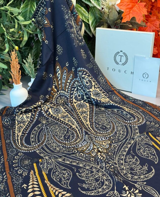 Touch İthal Etnik Desen Yün İpek Şal - Karamel-Lacivert