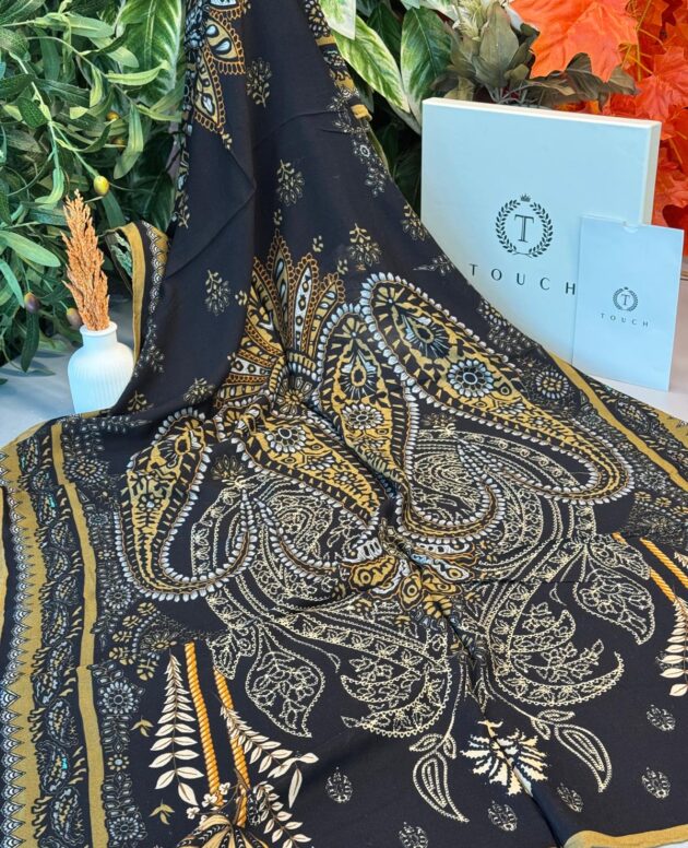 Touch İthal Etnik Desen Yün İpek Şal - Koyu Sarı-Siyah