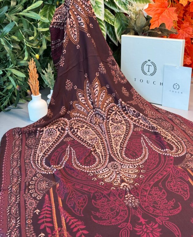 Touch İthal Etnik Desen Yün İpek Şal - Vişne Çürüğü