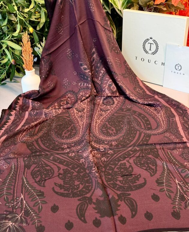 Touch İthal Etnik Desen Yün İpek Şal - Siyah-Koyu Gül Kurusu