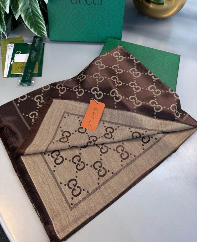 Gucci İthal Yün İpek Şal Tam Set Kutulu Sertifikalı-Kahve