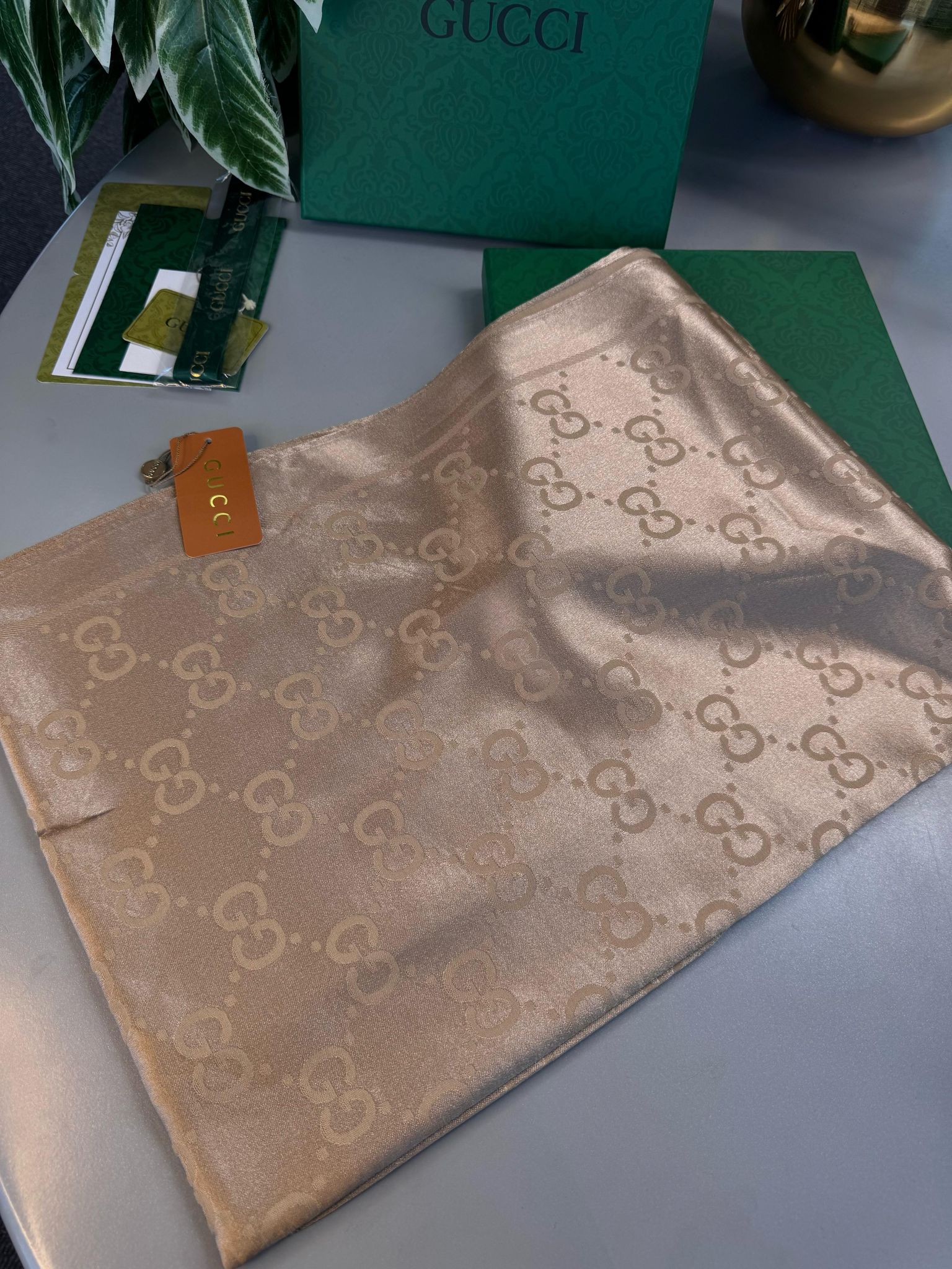 Gucci İthal Yün İpek Şal Tam Set Kutulu Sertifikalı-Gold