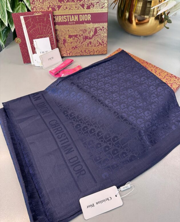 Dior İthal Yün İpek Şal Tam Set Kutulu Sertifikalı-Lacivert