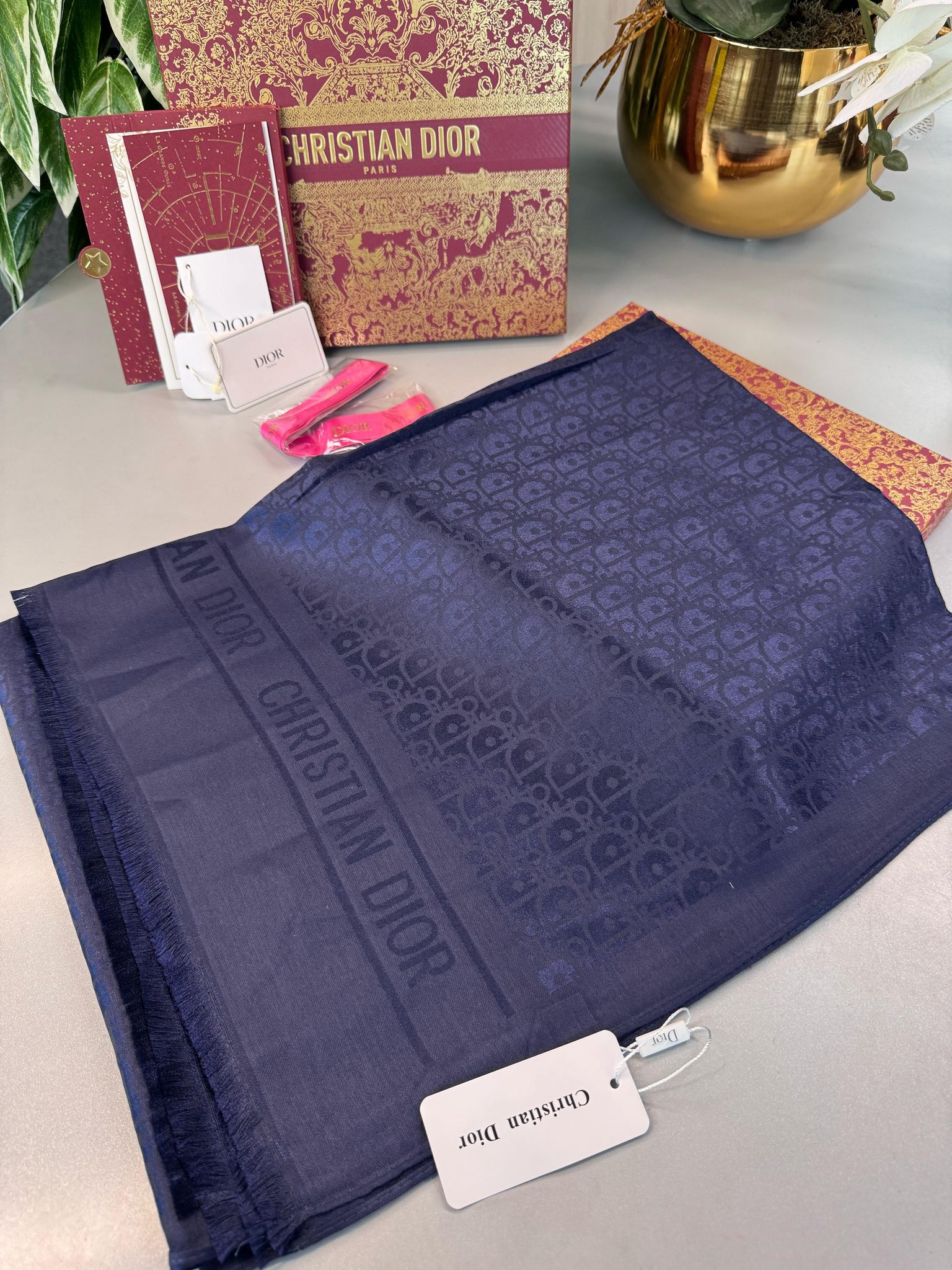 Dior İthal Yün İpek Şal Tam Set Kutulu Sertifikalı-Lacivert