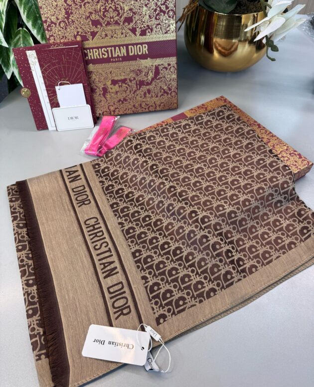 Dior İthal Yün İpek Şal Tam Set Kutulu Sertifikalı-Kahve