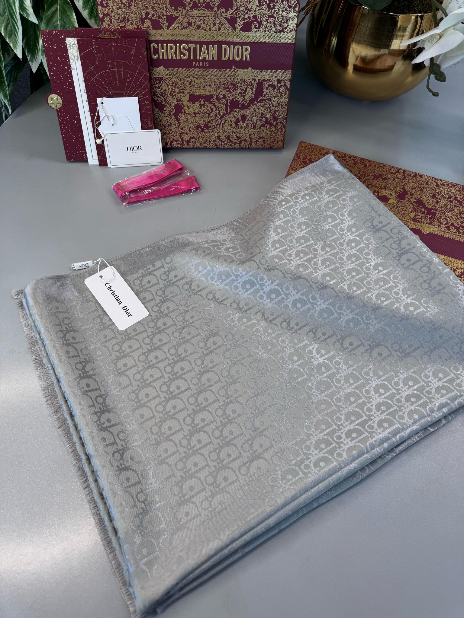 Dior İthal Yün İpek Şal Tam Set Kutulu Sertifikalı-Gri