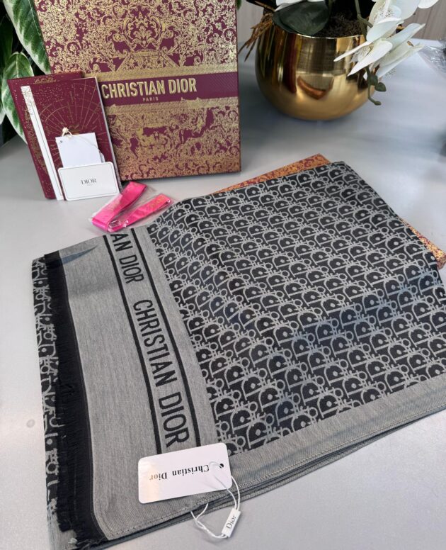 Dior İthal Yün İpek Şal Tam Set Kutulu Sertifikalı-Gri-Antrasit