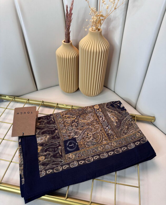 Touch İthal Etnik Desen Pamuk İpek Şal-35330-Lacivert -Camel