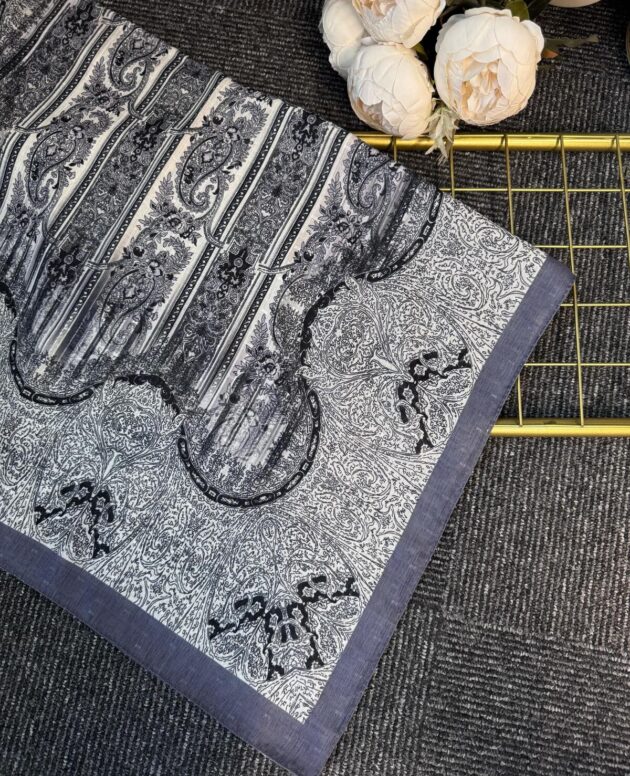 Etnik Floral Desenli Naturel İpek Şal -050607-Gri